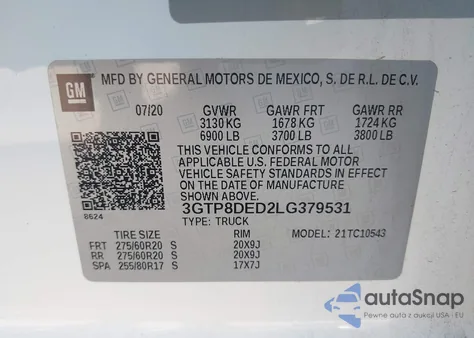 2020 GMC Sierra 1500 2Wd Short Box Slt из США, поврежденный, VIN 3GTP8DED2LG379531